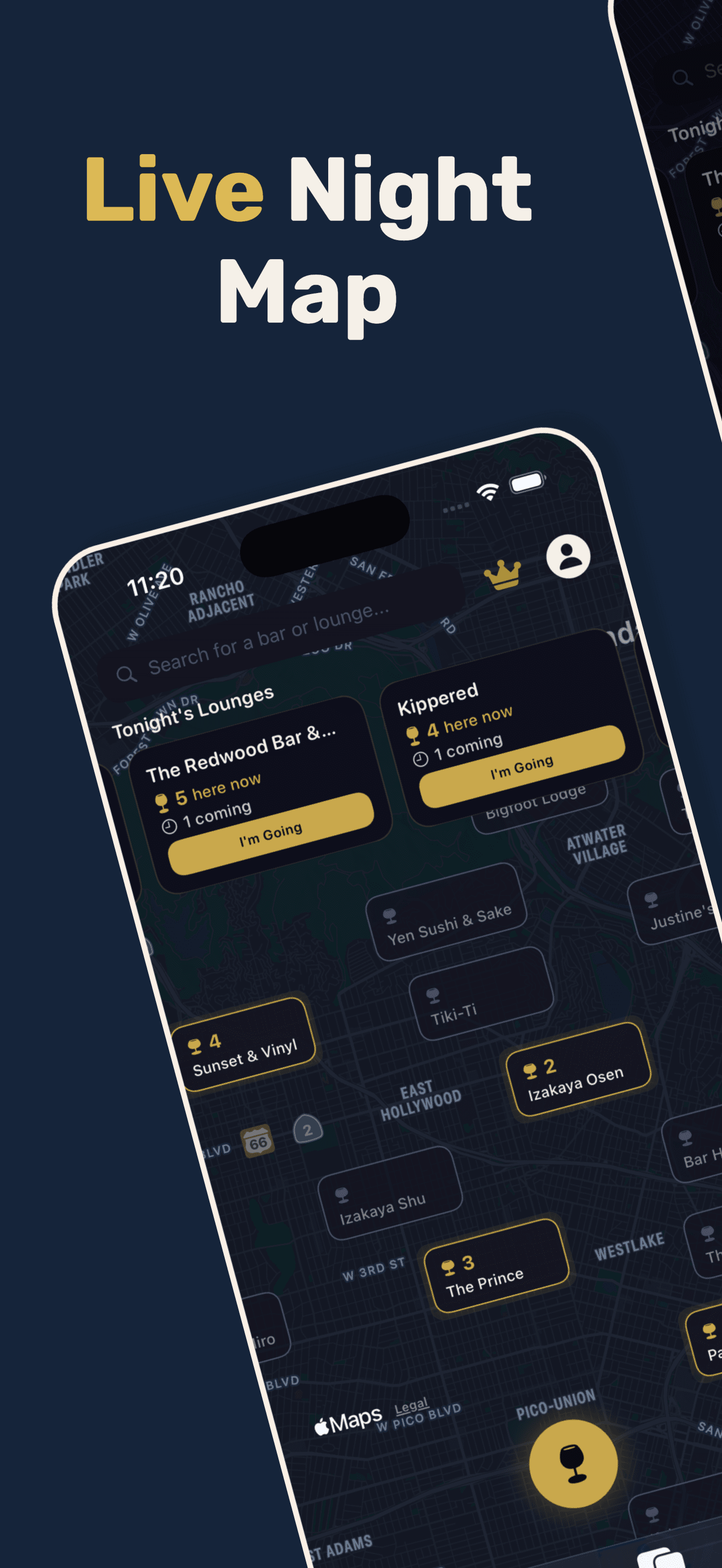 CocktailConnect live night map app screen